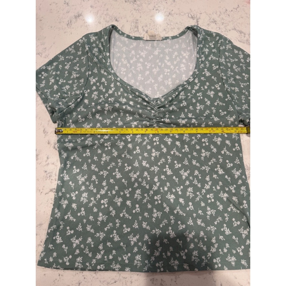 See You Monday Sage Green Floral Ribbed Ruched Sweetheart Neck Top XL - Picture 3 of 6